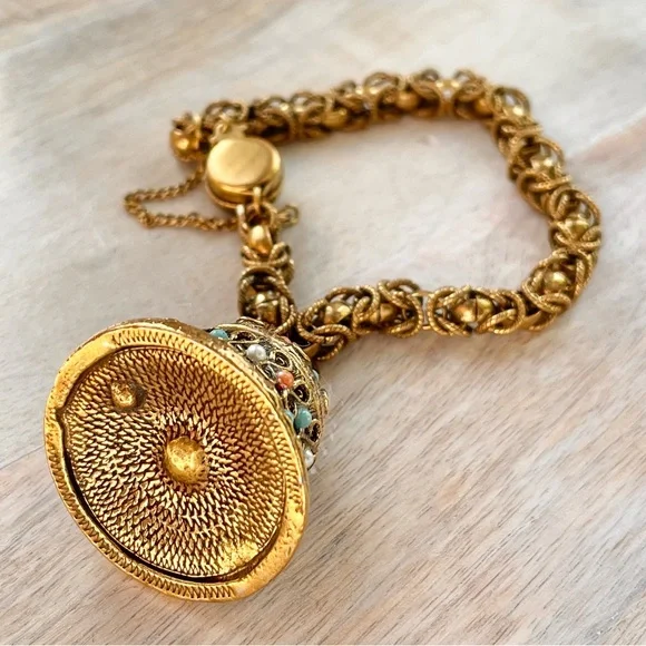Vintage 60s Warm Gold Tone Antiqued Brass Bell
Locket Bracelet Etruscan Revival - Picture 5 of 7